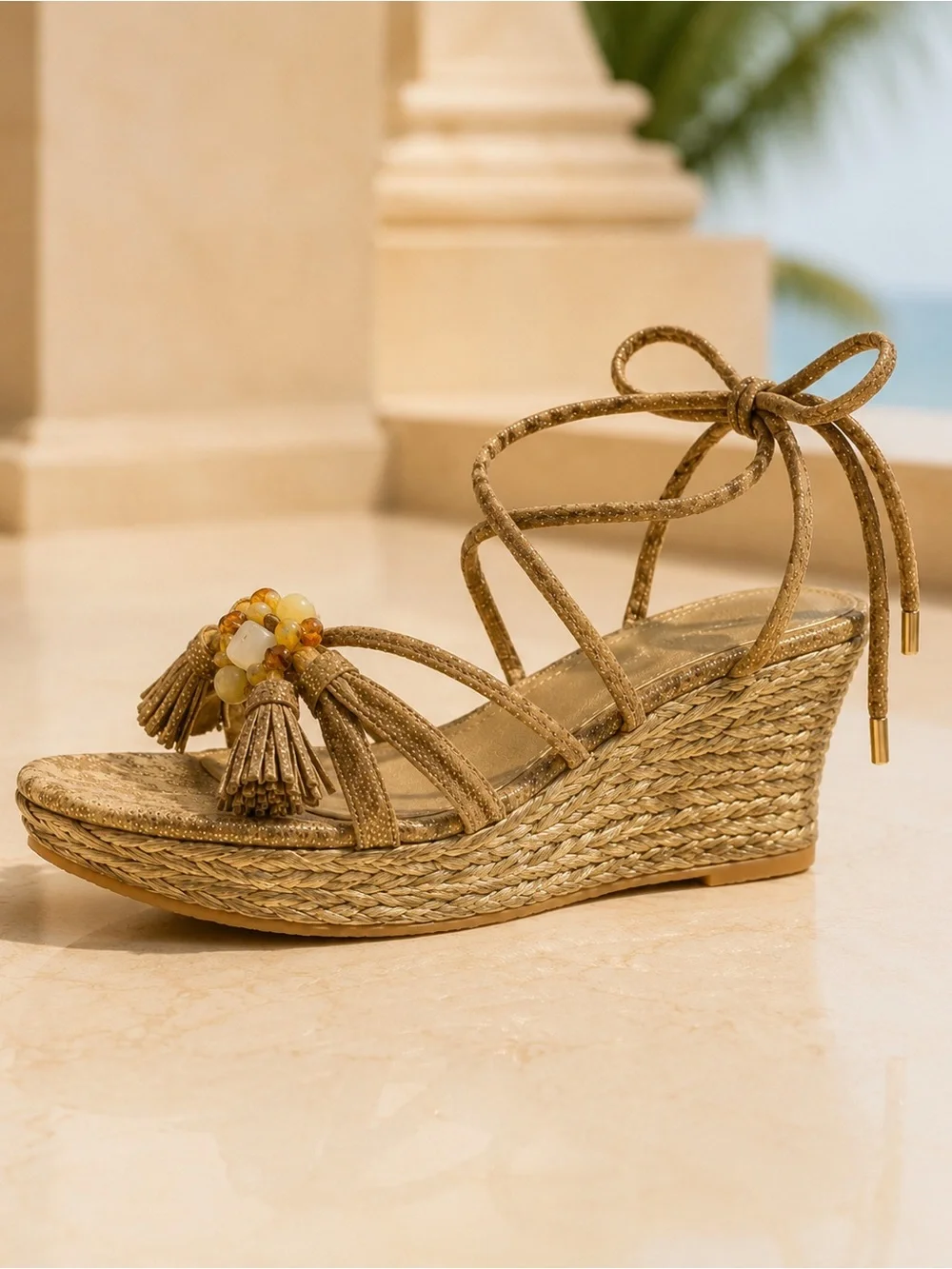 Stuart Weitzman Panache Gold Raffia Wedge Sandals Size 8 - Picture 5 of 10